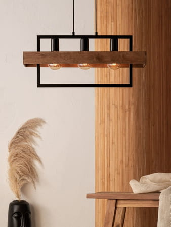 Lampa wisząca w stylu boho z drewnianym kloszem z 3 punktami świetlnymi
